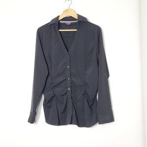 Mosaic Collection Black Button Front Long Sleeve Shirt V-Neck Collared Office